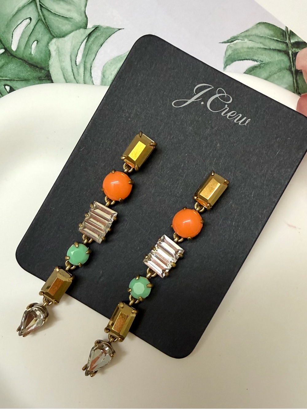 J. Crew Orange and Mint Crystal Drop Earrings with Gold Accents